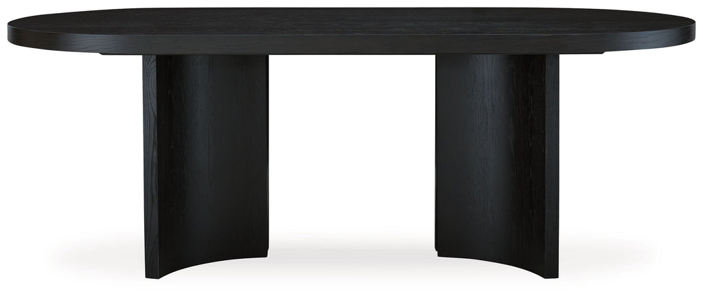 Black oval dining room table side view with smooth tabletop and straight legs
