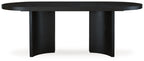 Black oval dining room table side view with smooth tabletop and straight legs