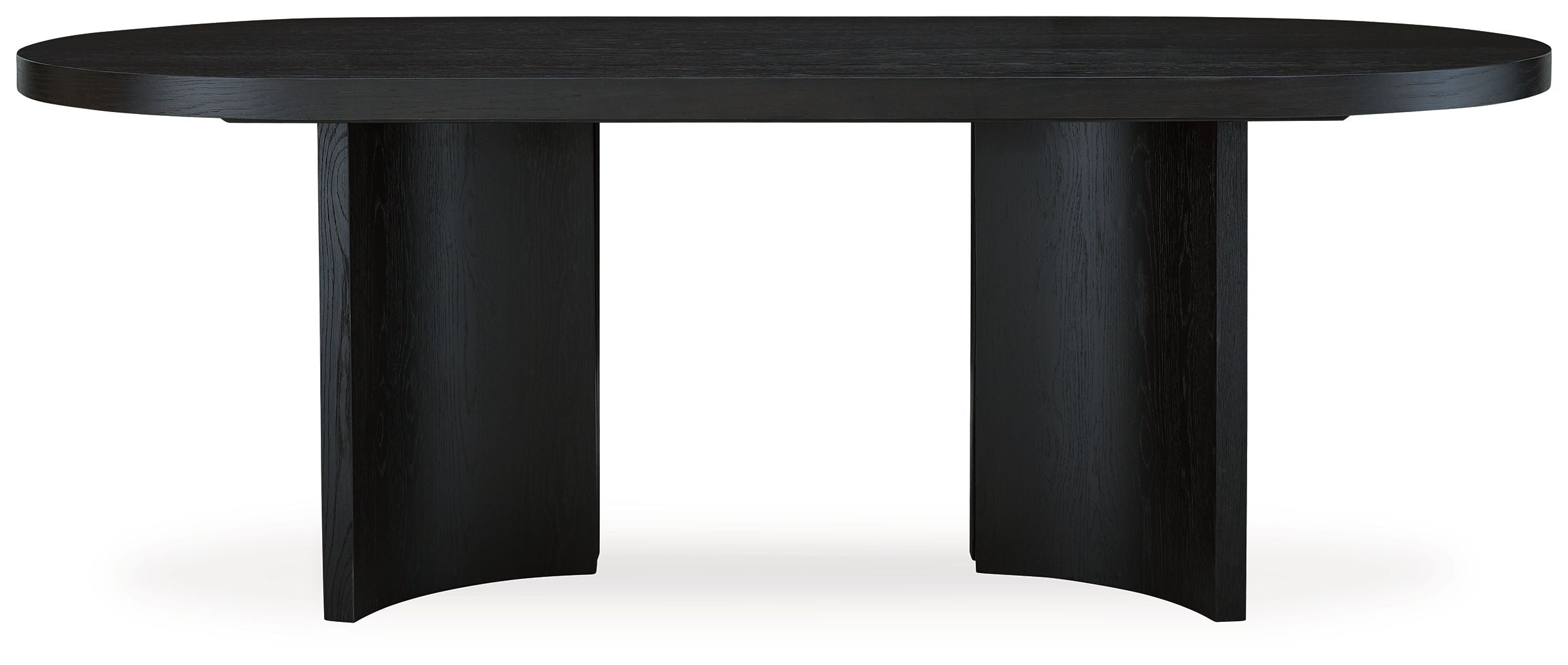 Black oval dining room table side view with smooth tabletop and straight legs