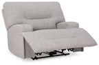 Wide seat power recliner in light gray with extended footrest and padded arms.