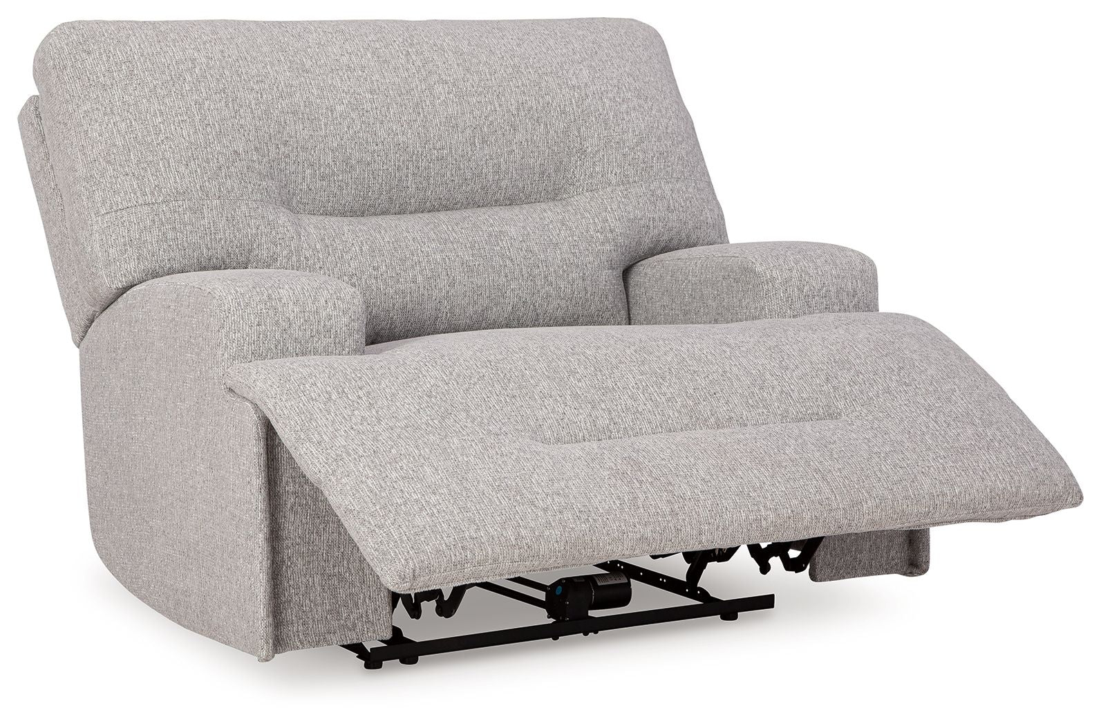 Wide seat power recliner in light gray with extended footrest and padded arms.