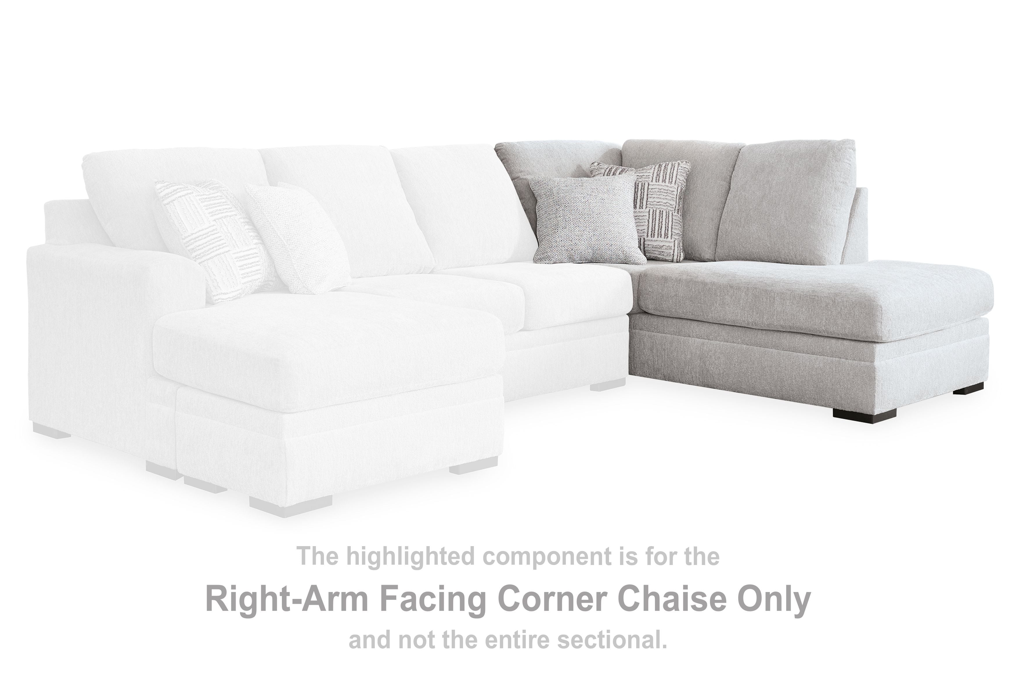 Sectional corner chaise with light gray armrest and white seats, plush cushions