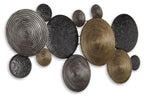 Metallic circular wall decor discs arranged in dark gray, black, and bronze tones.