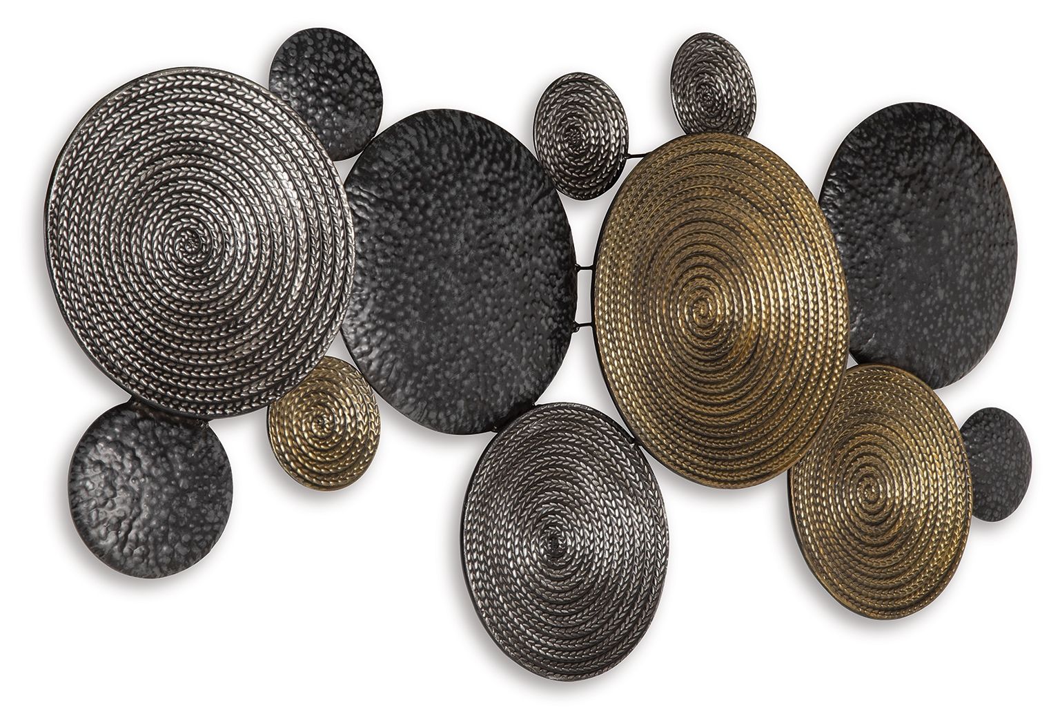 Metallic circular wall decor discs arranged in dark gray, black, and bronze tones.
