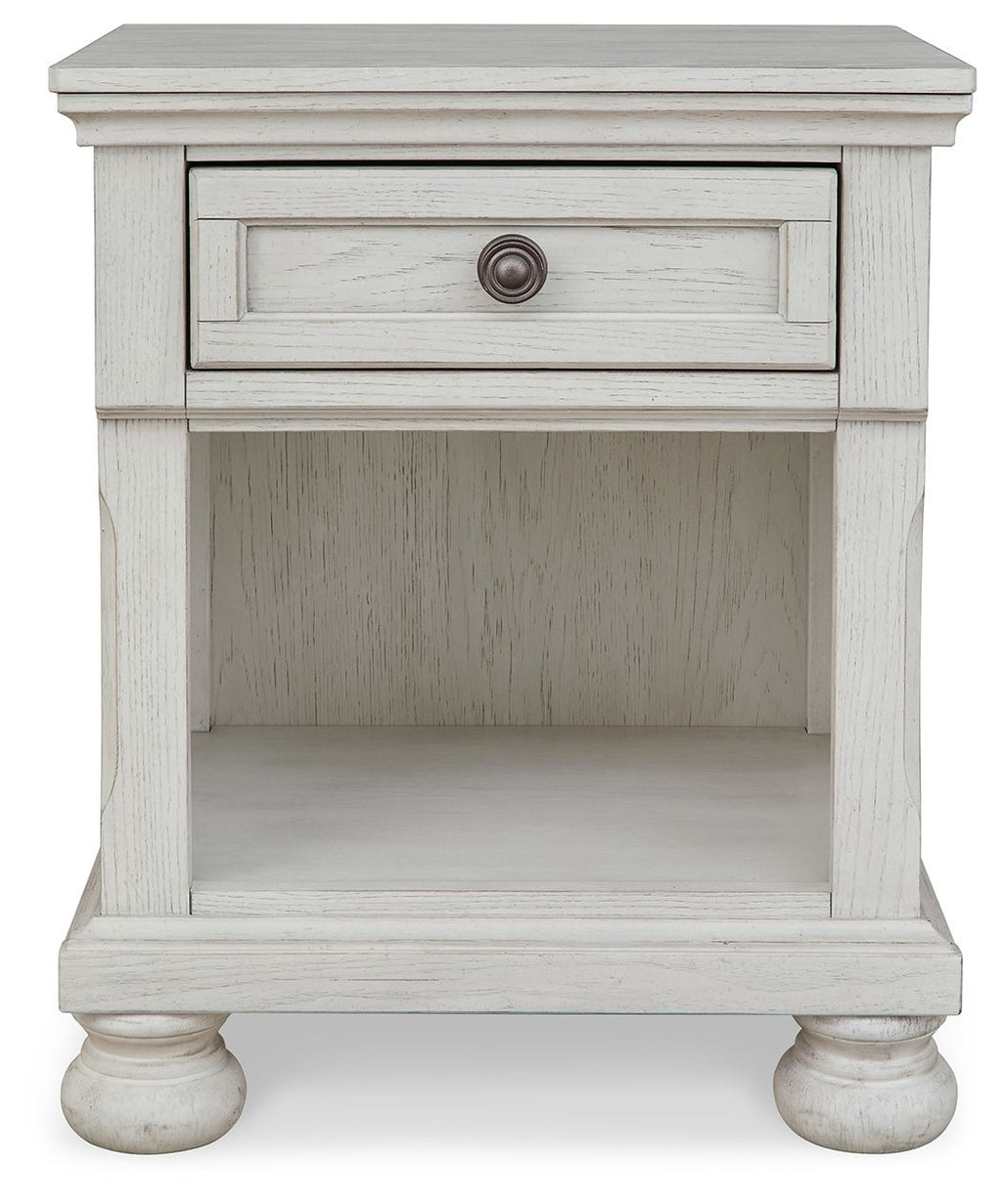 Antique white night stand with framed one drawer, round knob, and open cabinet