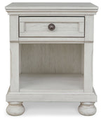 Antique white night stand with framed one drawer, round knob, and open cabinet