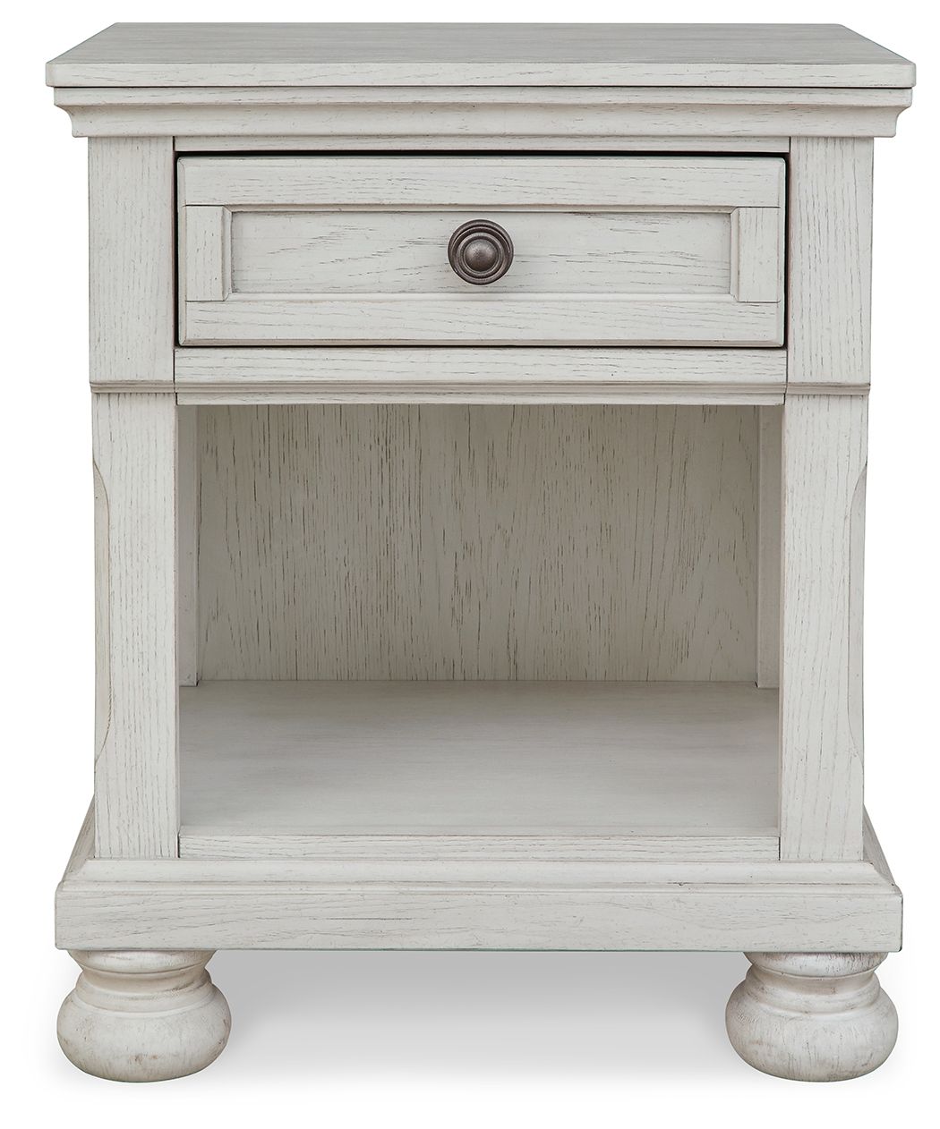 Antique white night stand with framed one drawer, round knob, and open cabinet