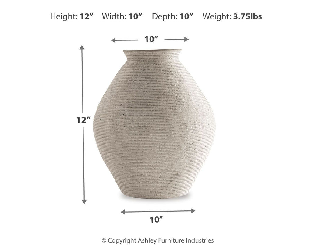 Beige ceramic vase shown with size diagram: 12 in H, 10 in W, 10 in D
