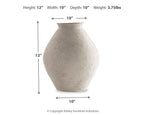 Beige ceramic vase shown with size diagram: 12 in H, 10 in W, 10 in D