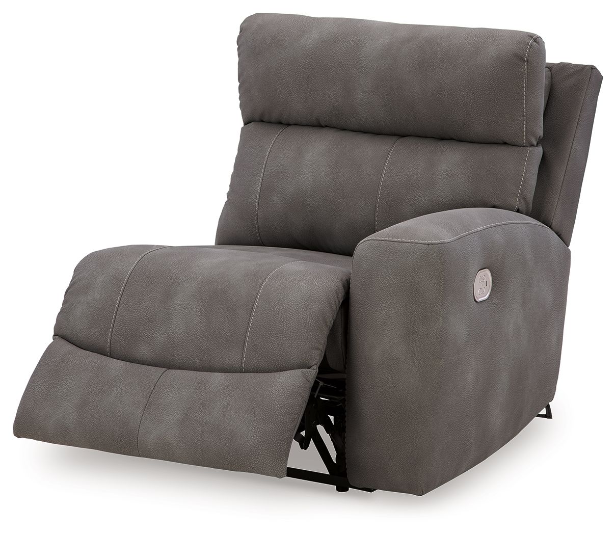 Slate gray fabric power recliner showing reclining back and extended footrest, front angle.