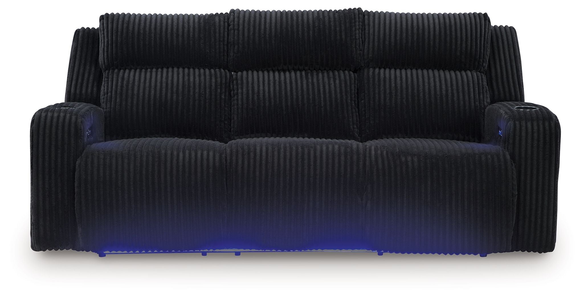 Power reclining sofa with adjustable headrests, black ribbed upholstery