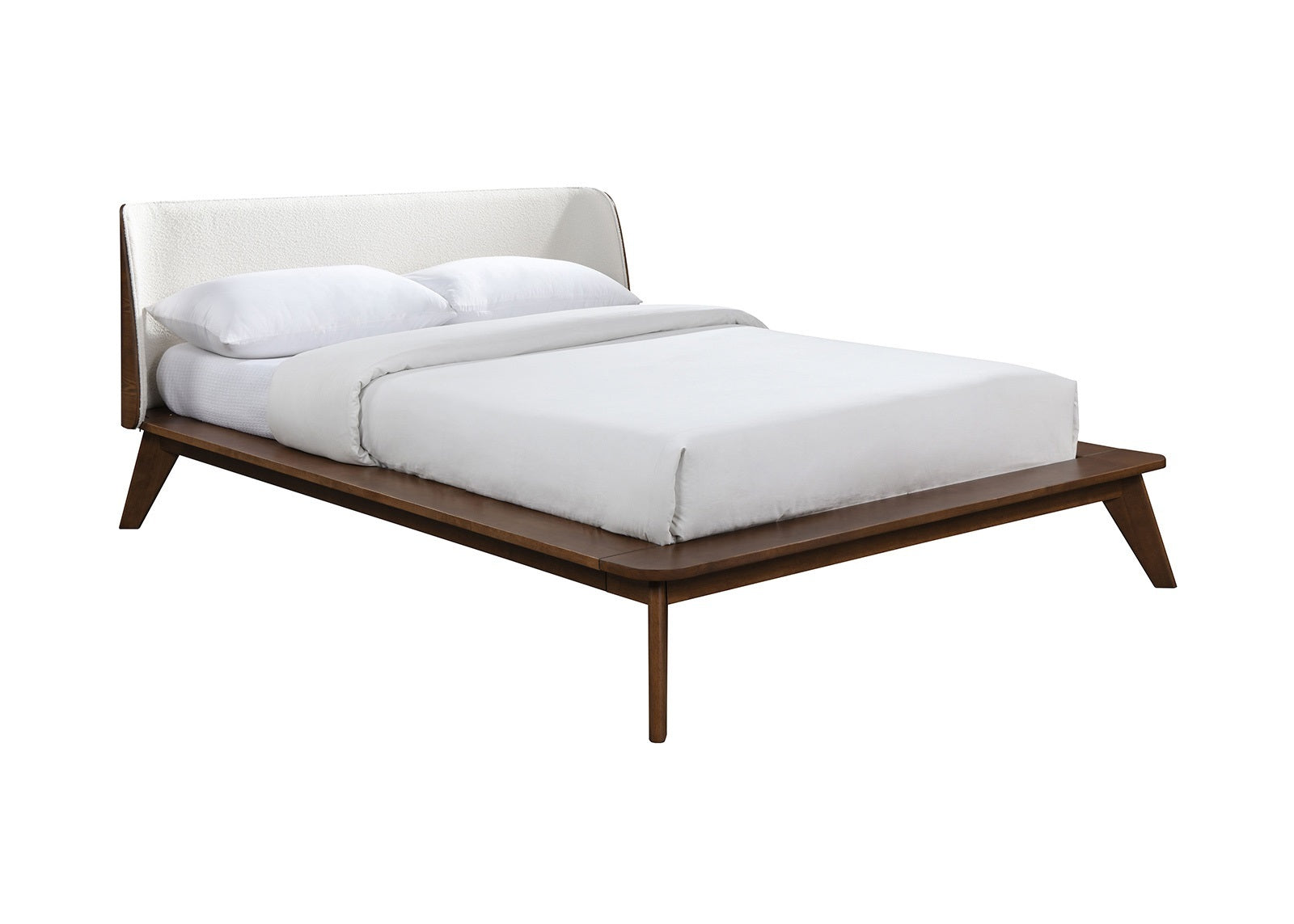 Walnut Beige Queen Platform Bed, Winged Fabric Headboard, Modern Style