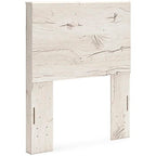 Beige panel headboard with carved wood panels and vertical cutout legs