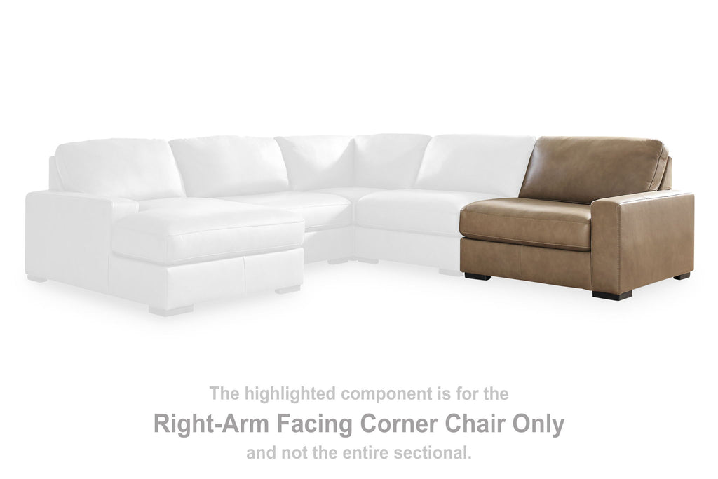 Corner chair component with padded arms and seat, dark taupe faux leather upholstery
