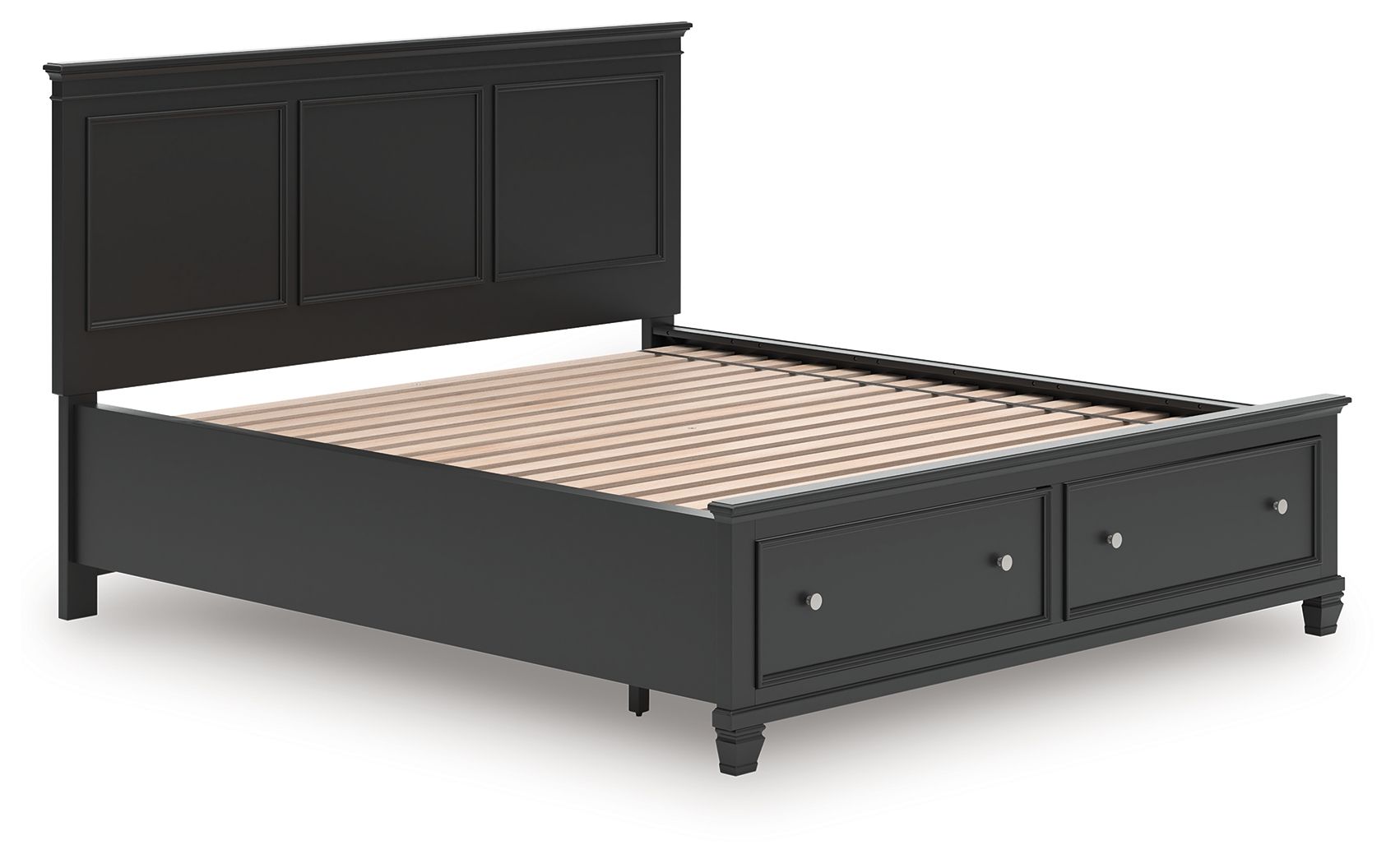 Black panel bed frame with slatted base and drawers along the footboard