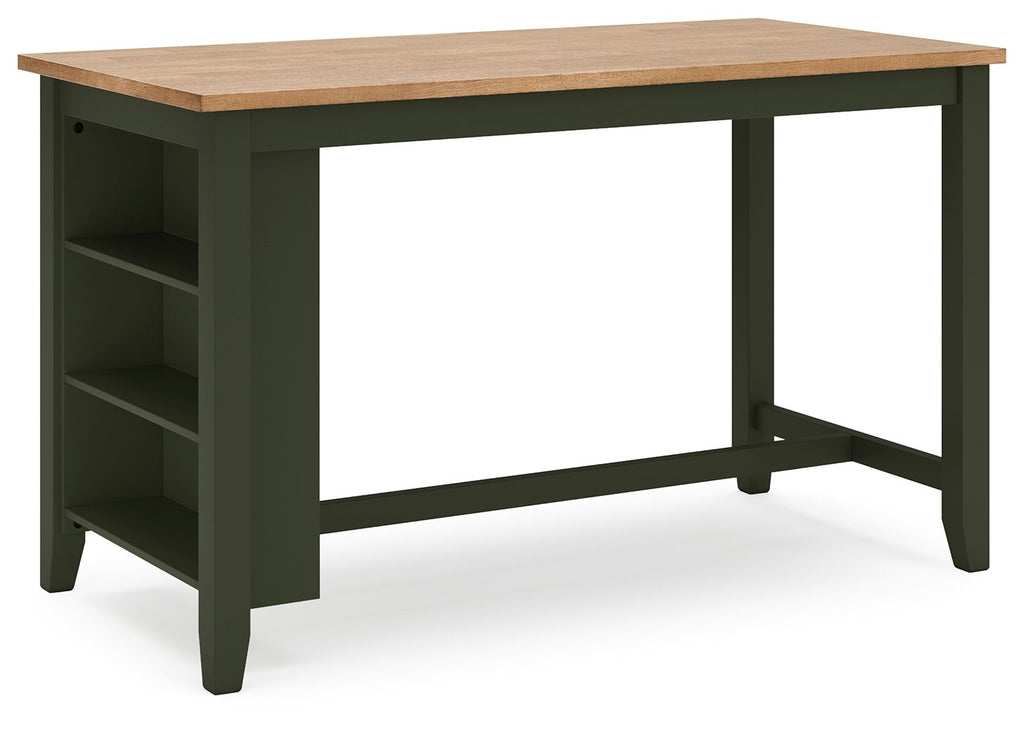 Rectangular dining counter with dark green cabinet and light wood top