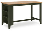 Rectangular dining counter with dark green cabinet and light wood top