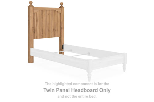 Twin panel headboard in warm brown wood, with two vertical panels and corner posts