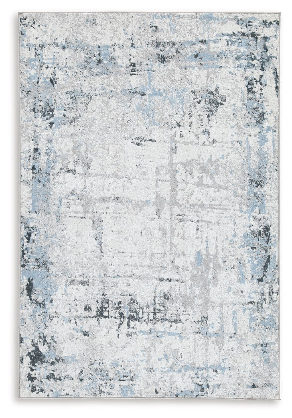 Light blue washable rug with distressed abstract pattern, rectangular, flat woven look