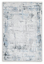 Light blue washable rug with distressed abstract pattern, rectangular, flat woven look