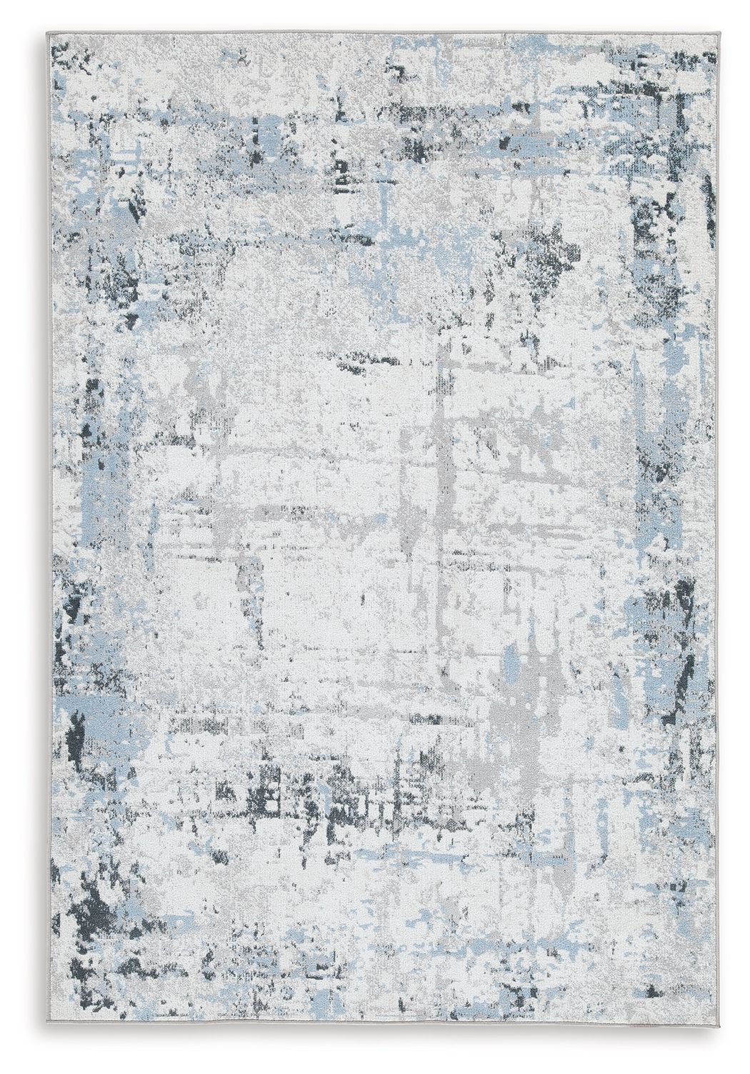 Light blue washable rug with distressed abstract pattern, rectangular, flat woven look