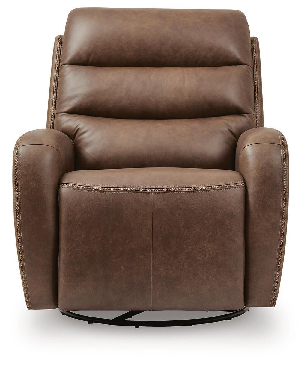 Saddle brown power swivel recliner chair with wide armrests and cushioned back