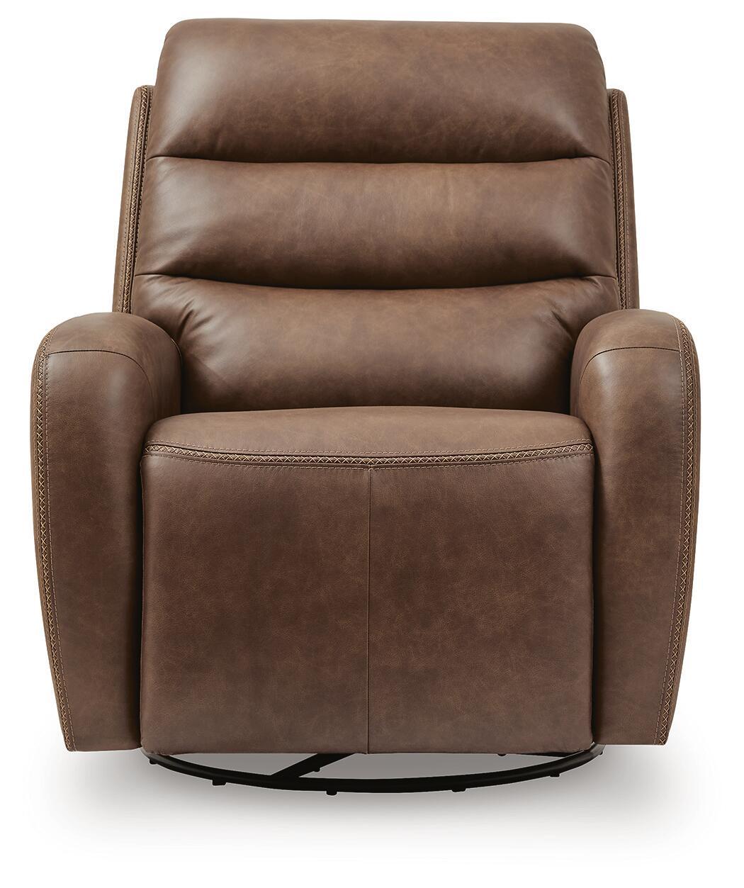 Saddle brown power swivel recliner chair with wide armrests and cushioned back