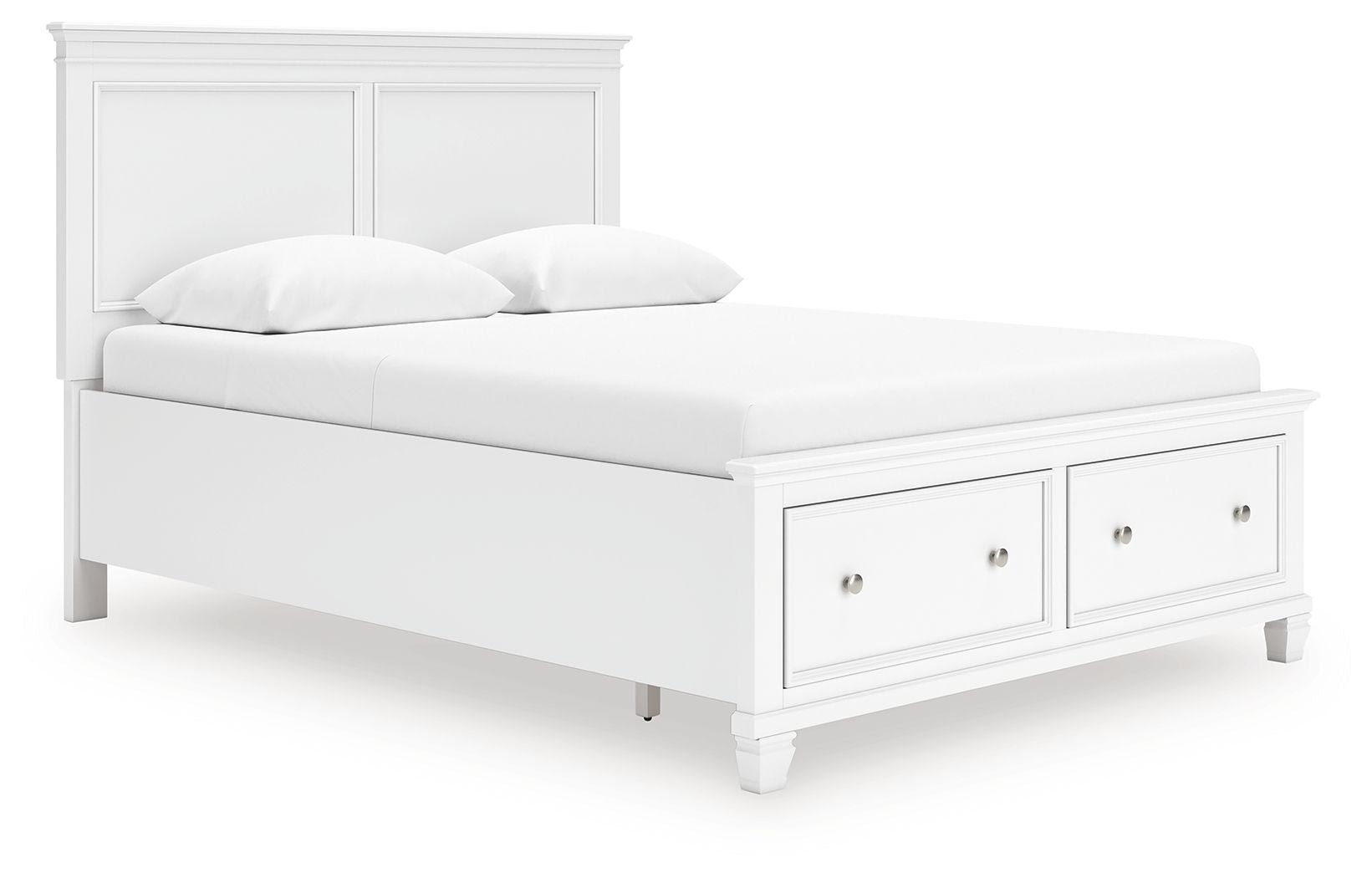 White panel bed with two drawer fronts and a low upholstered mattress and pillows