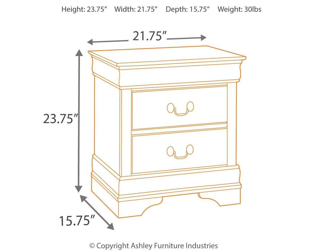 Nightstand diagram with two drawers and size measurements, front view