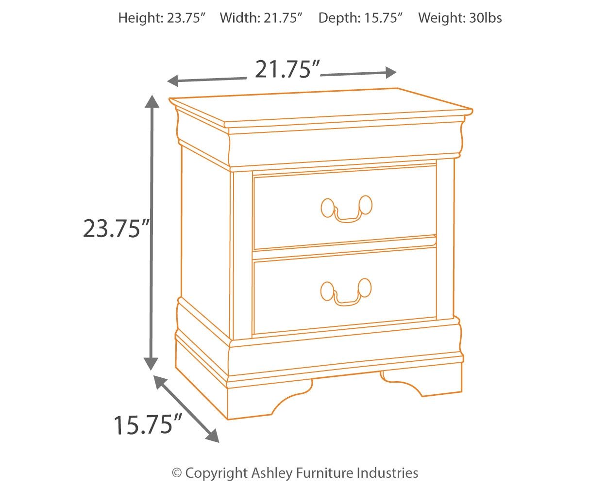 Nightstand diagram with two drawers and size measurements, front view