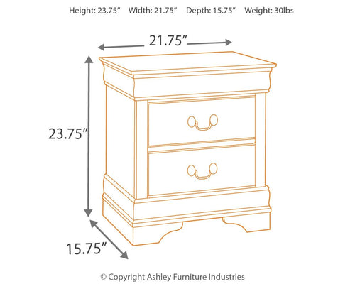 Nightstand diagram with two drawers and size measurements, front view