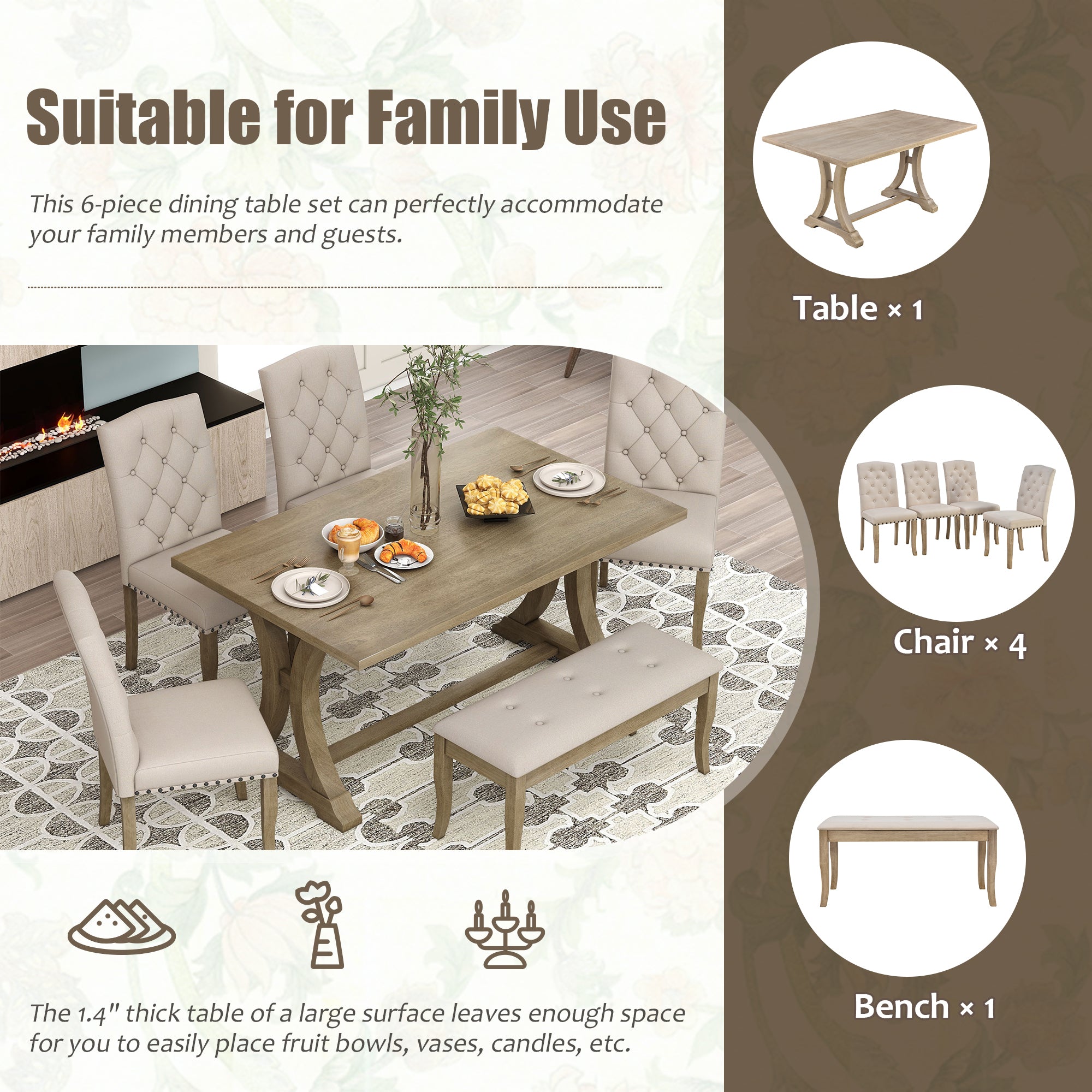 6-Pc Farmhouse Dining Set (Natural Wood)