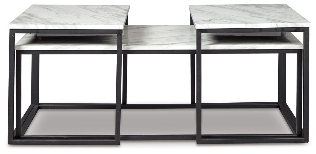 3-piece nested table set showing open undersides, gray tops with black metal frames