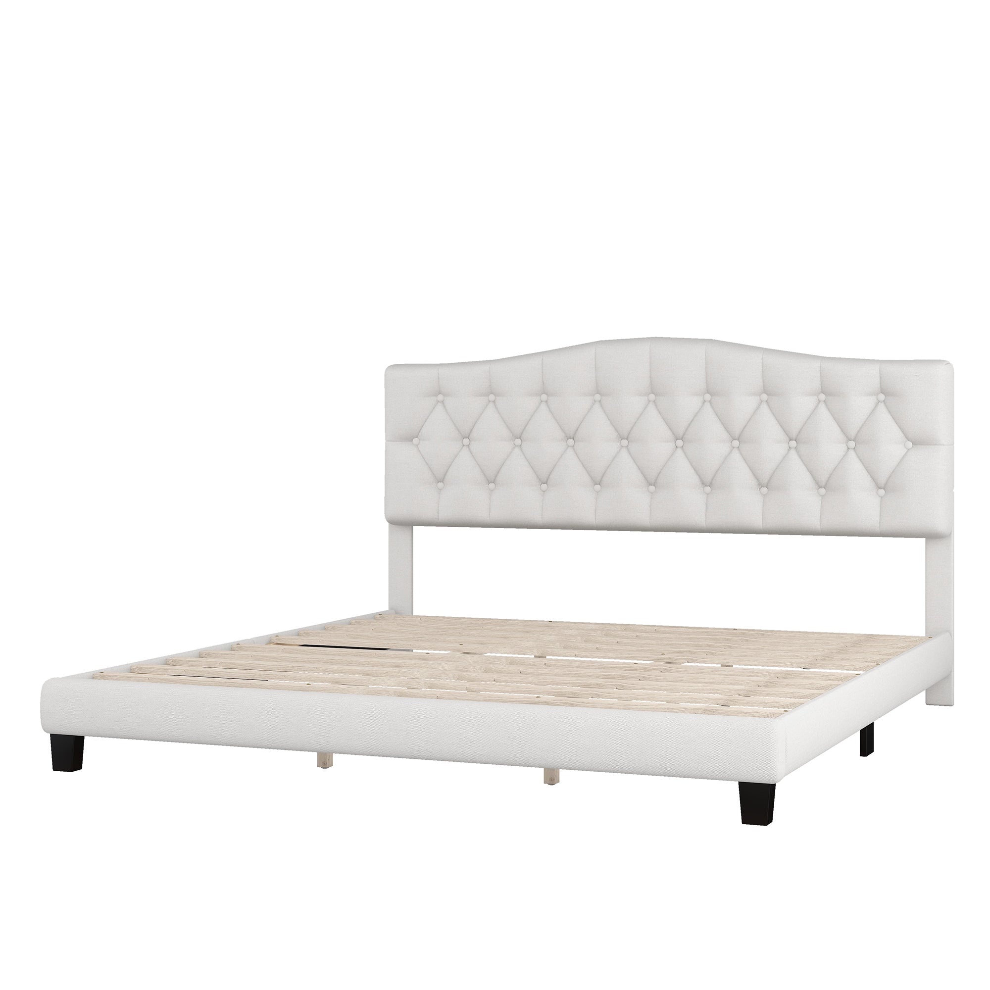 King Beige Linen Upholstered Platform Bed w/Tufted Headboard