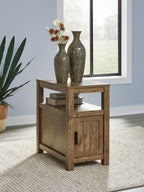 Chair side end table in rustic light brown wood with open shelf and cabinet door with black pull