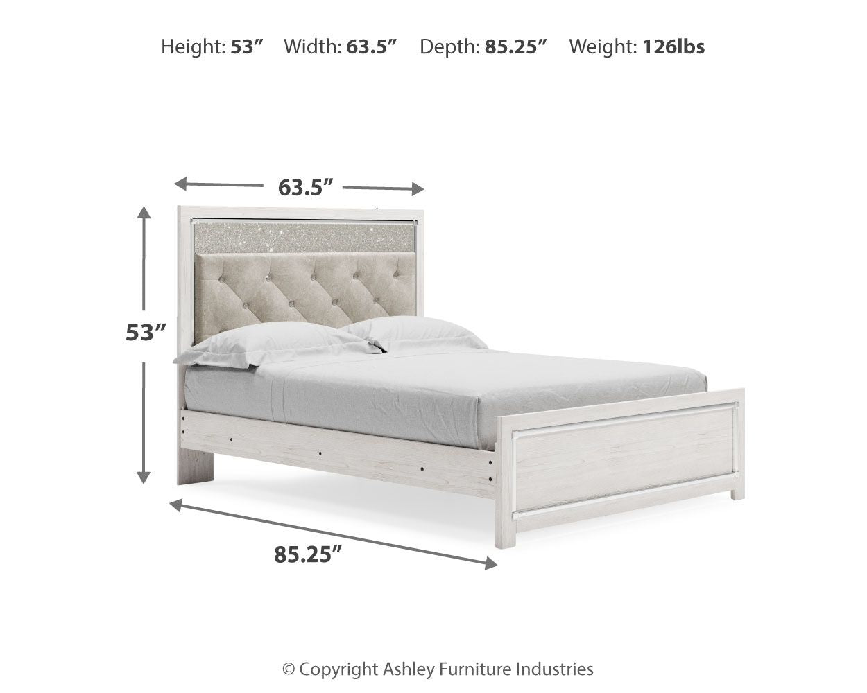 Upholstered panel bed with tufted light gray headboard and white side rails