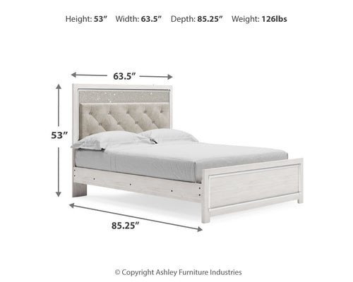 Upholstered panel bed with tufted light gray headboard and white side rails