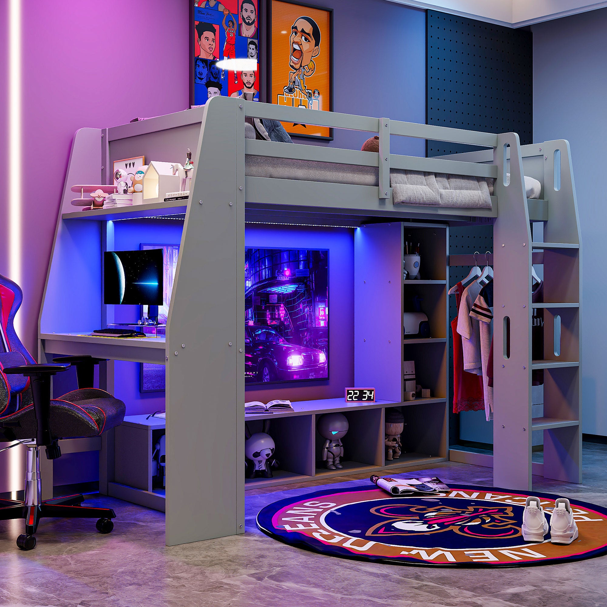 Gray Wood Twin Gaming Loft Bed w/ Desk, Shelves, LED, Clothes Rack