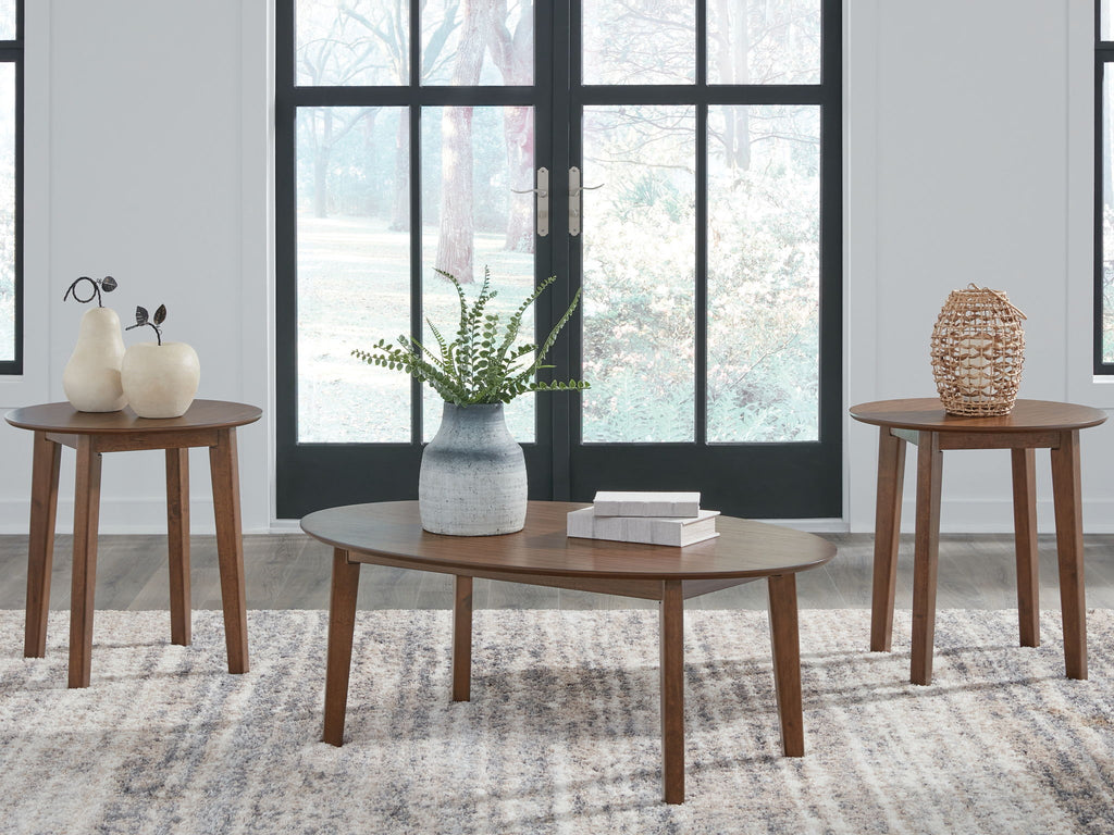 Wooden occasional table set with a round coffee table and two side tables, brown