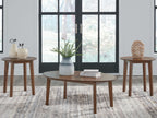Wooden occasional table set with a round coffee table and two side tables, brown