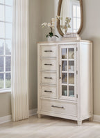 Antique white door chest with tall glass door and four drawers, black metal pulls
