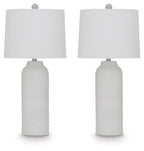 Vauville set of 2 white poly table lamps with drum shades and ribbed bases
