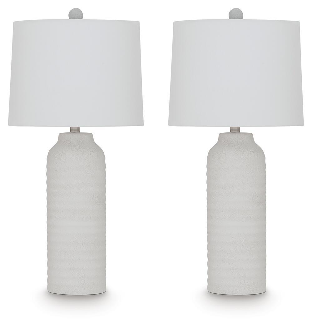 Vauville set of 2 white poly table lamps with drum shades and ribbed bases
