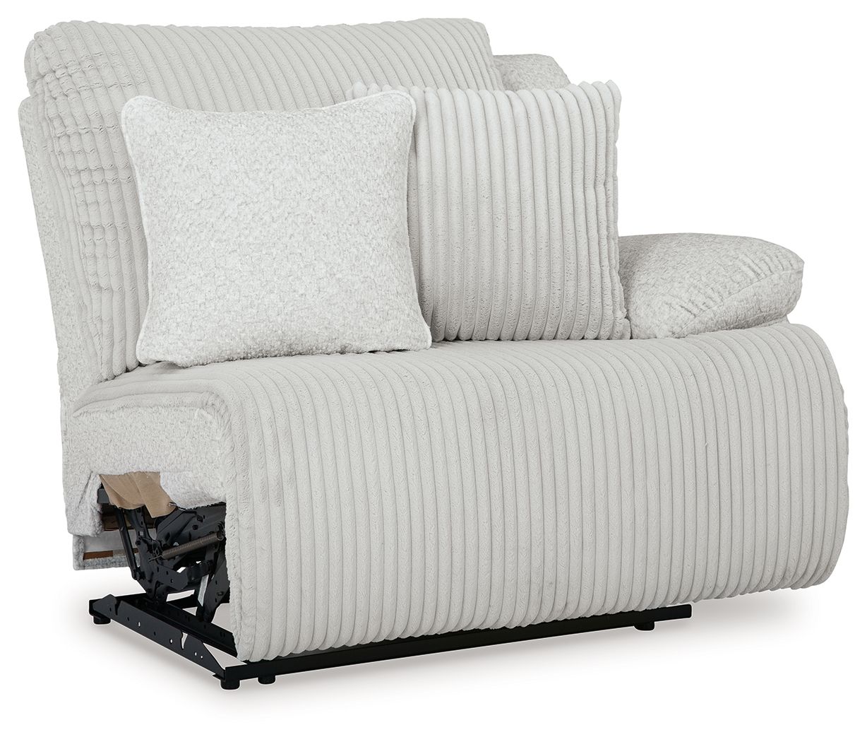 Light gray wall recliner with ribbed fabric, two cushions, and fold-out footrest