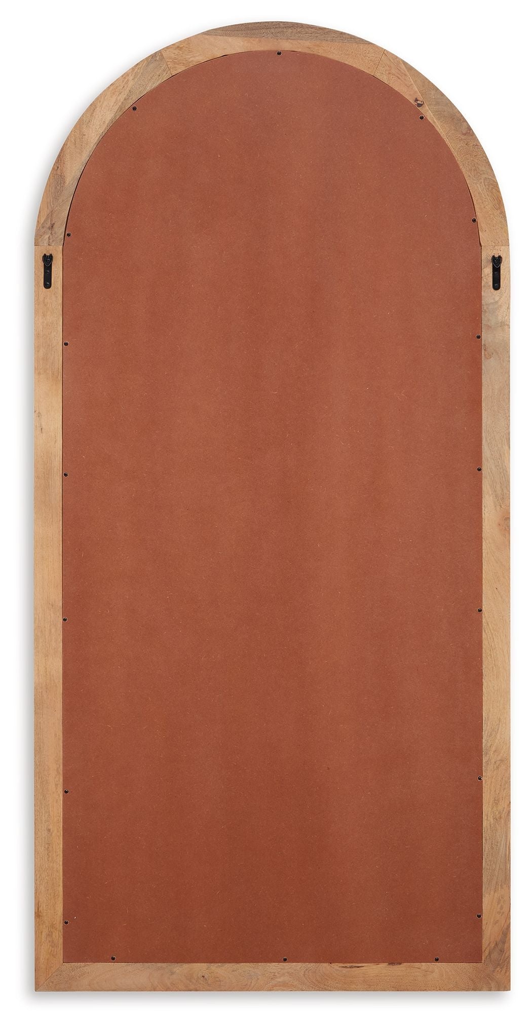 Brown back of arched floor mirror with mounting brackets