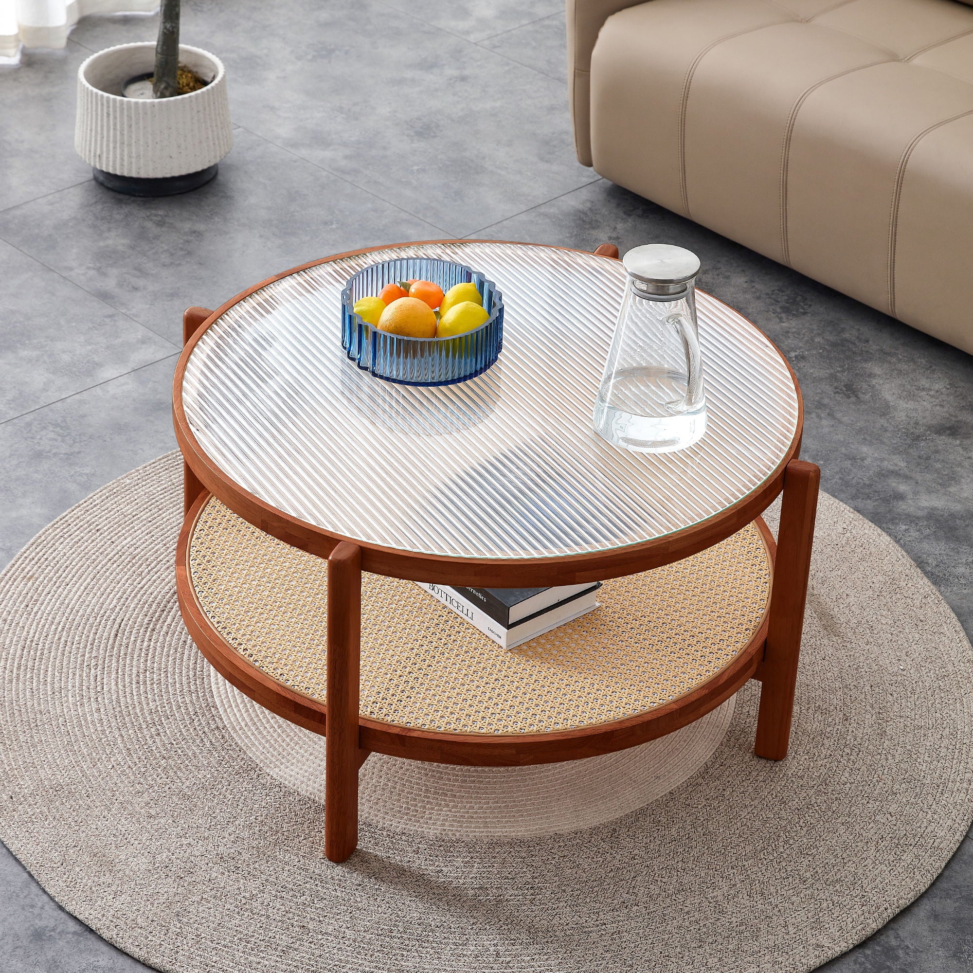 Modern Minimalist Circular Double-Layer Solid Wood Coffee Table, Craft Glass Tabletop, Second Layer Material: Pe Rattan, Solid Wood Frame