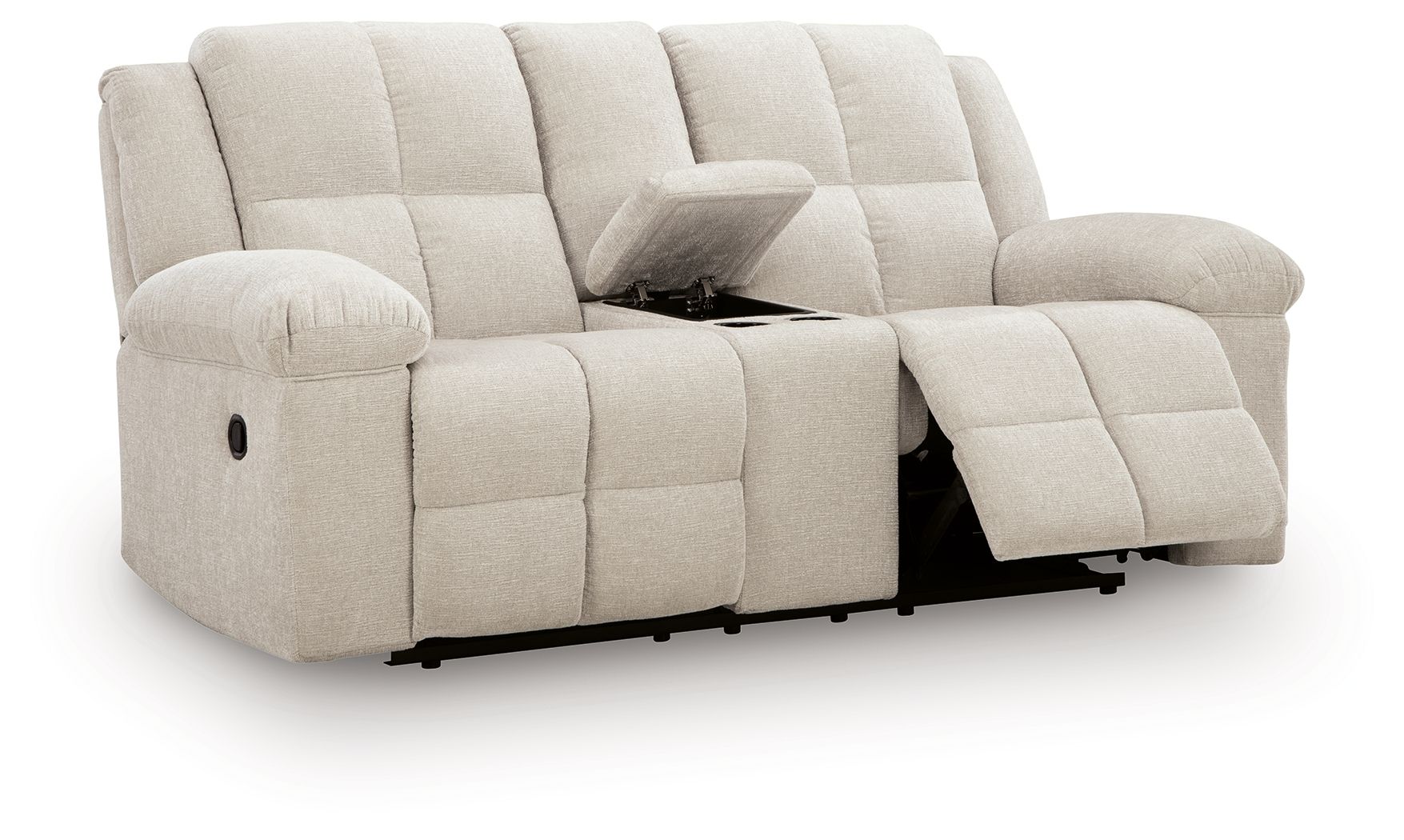 Reclining loveseat with extendable footrests and console, light beige cushioned frame