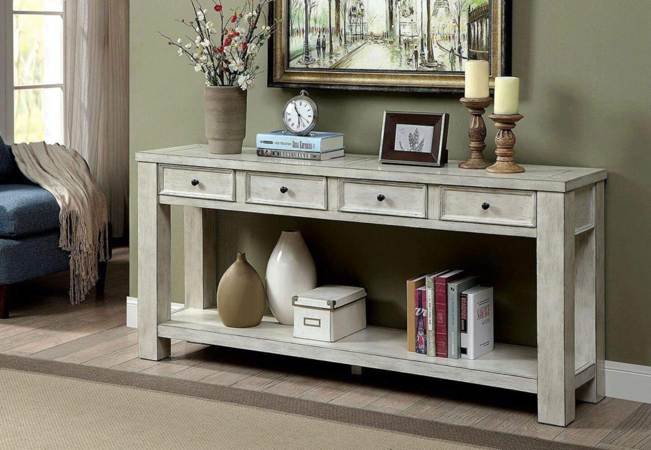 Sofa Table Antique White Rustic Solid Wood Storage Table Open Shelf Bottom Living Room 1 Piece Side Table.