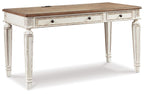Light brown writing desk with two drawers and decorative white corner posts