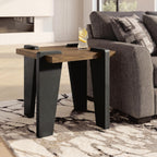 Rectangular accent table with wood top, black legs, and integrated corner handles